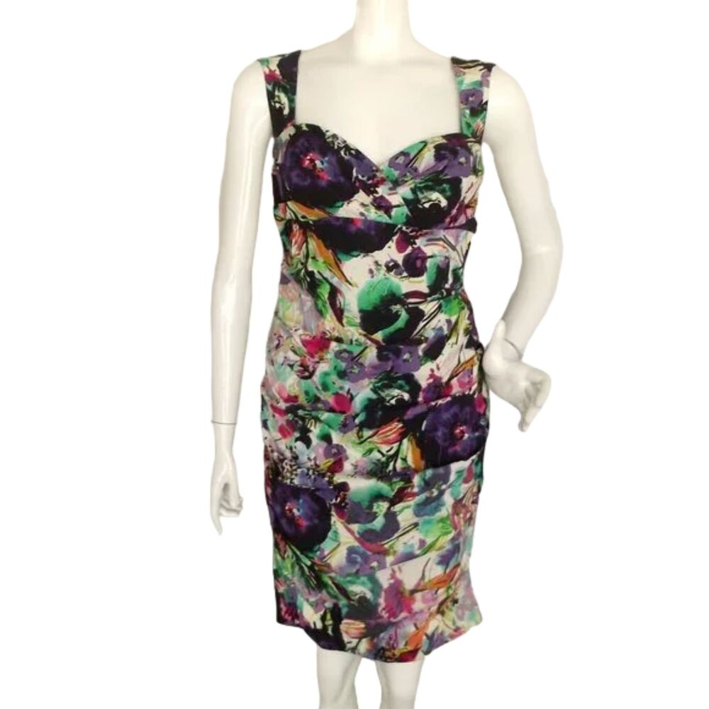NICOLE MILLER Artelier Dress, 12, Ruched, Wide Straps, Multicolor, Silk Blend